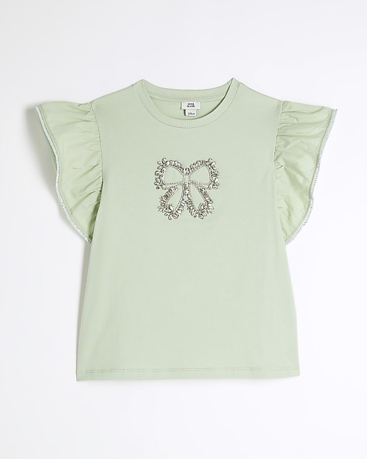 Girls Green Diamante Bow Frill T-Shirt