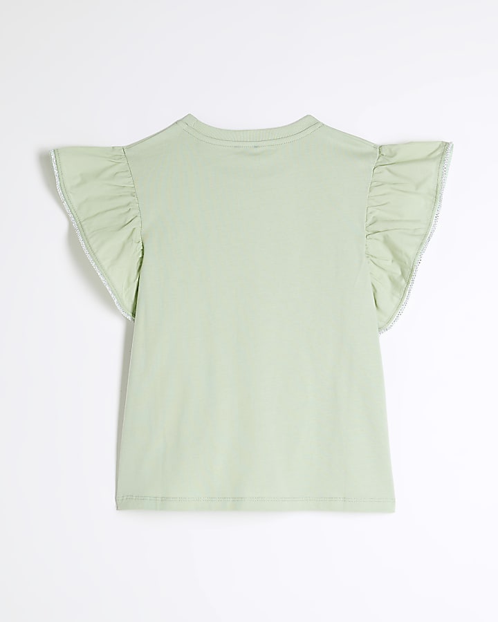 Girls Green Diamante Bow Frill T-Shirt