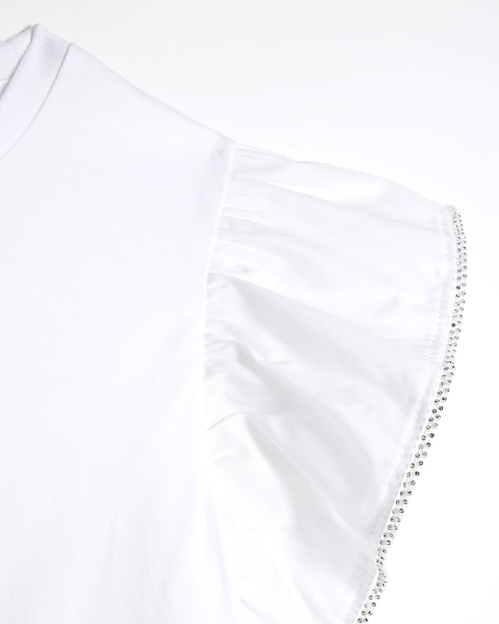 Girls White Diamante Cherry Frill T-Shirt