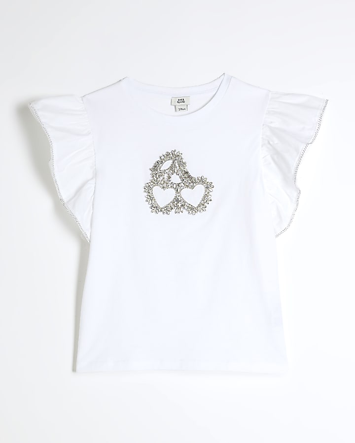 Girls White Diamante Cherry Frill T-Shirt