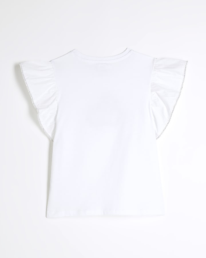 Girls White Diamante Cherry Frill T-Shirt