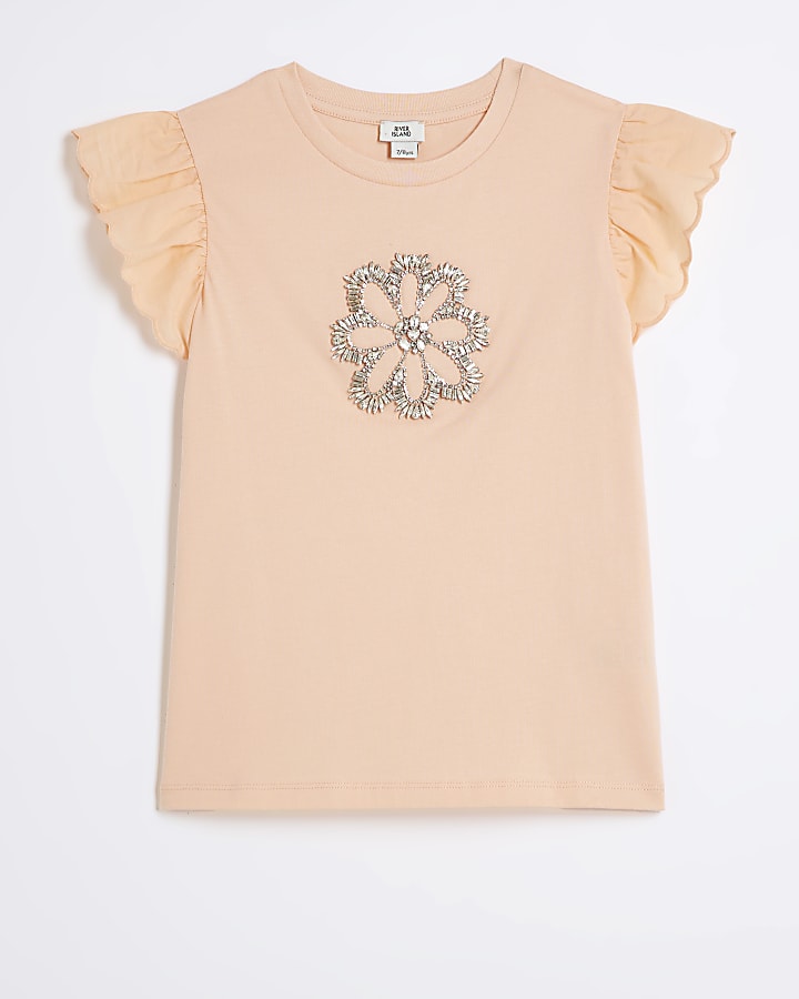 Girls Coral Diamante Daisy Frill T-shirt