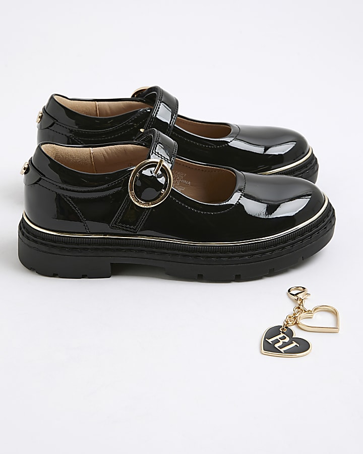 Girls Black Oval Buckle Mary Jane Shoes
