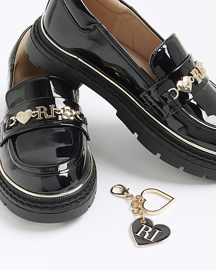 Girls Black Charm Flower Heart Chain Loafers