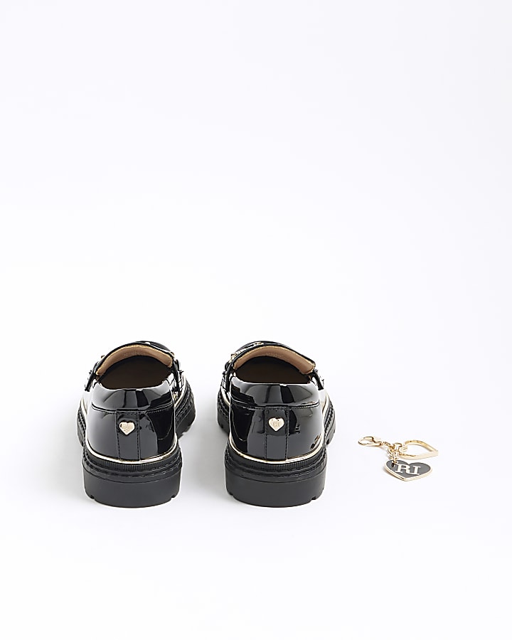 Girls Black Charm Flower Heart Chain Loafers