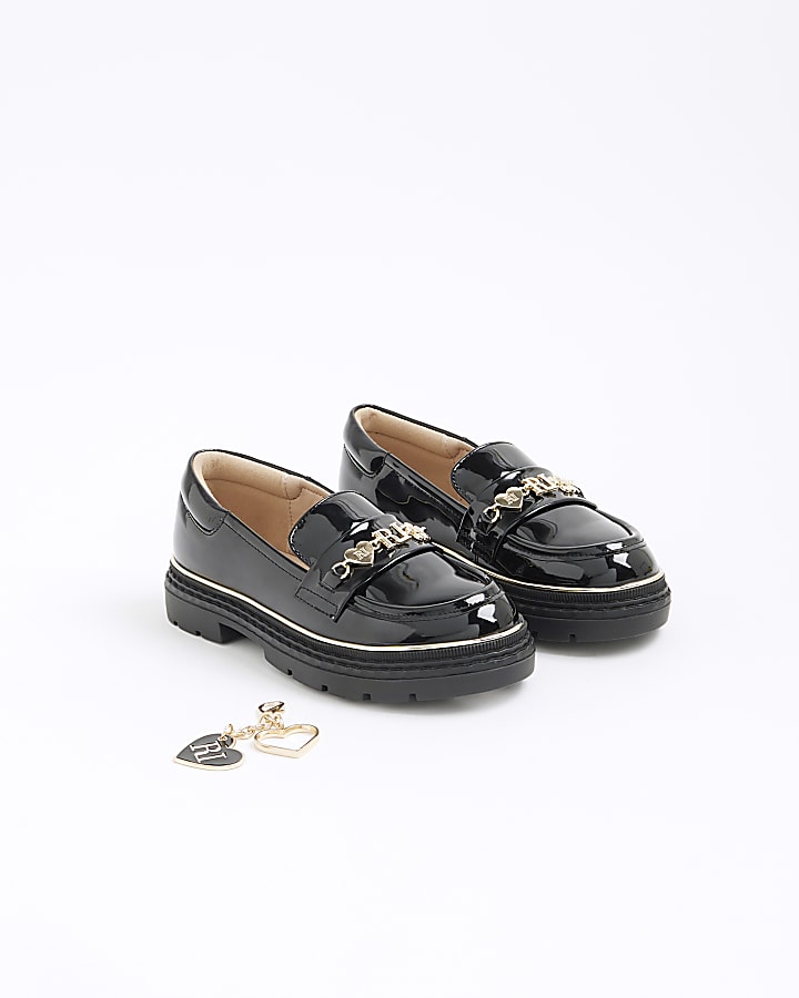 Girls Black Charm Flower Heart Chain Loafers