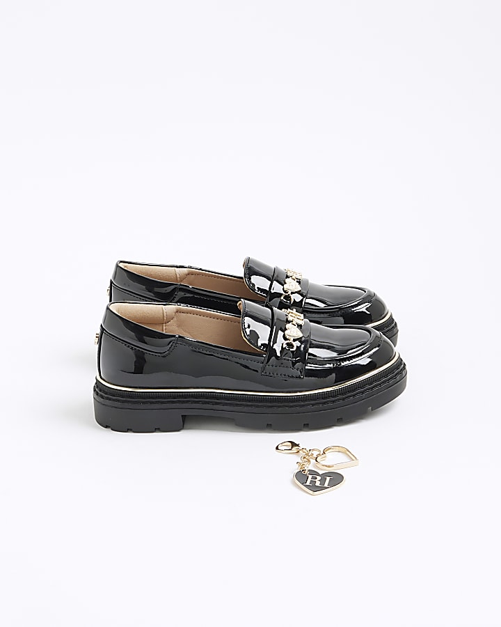 Girls Black Charm Flower Heart Chain Loafers