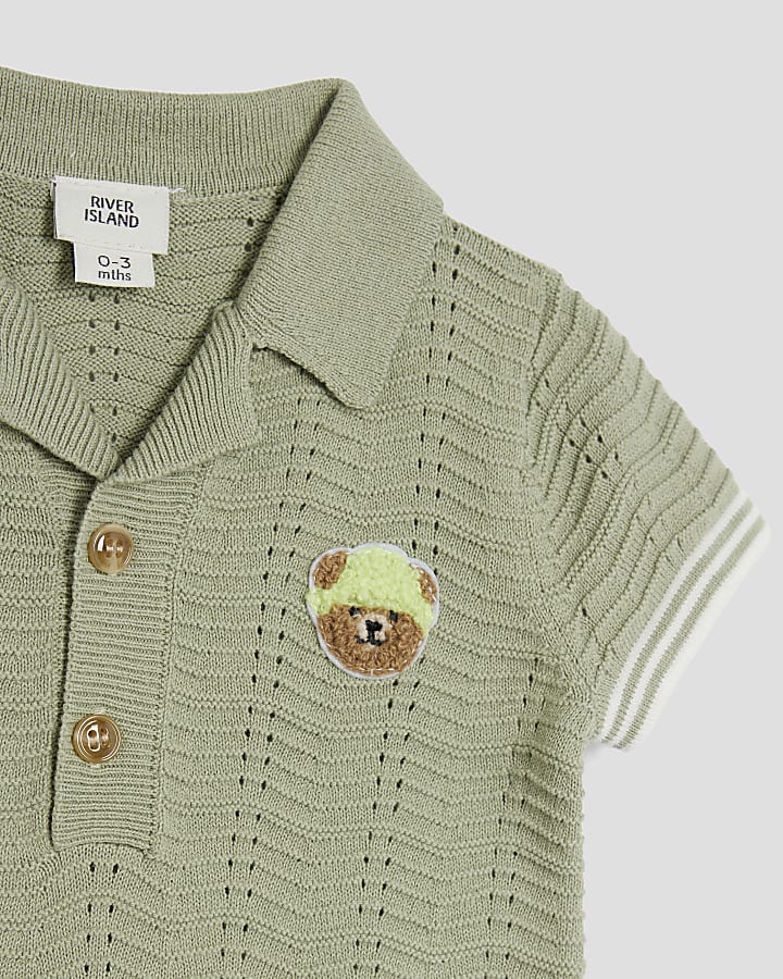 Baby Boys Khaki Textured Bear Romper