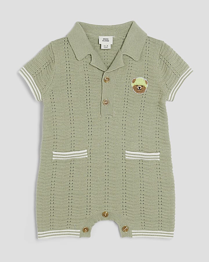 Baby Boys Khaki Textured Bear Romper