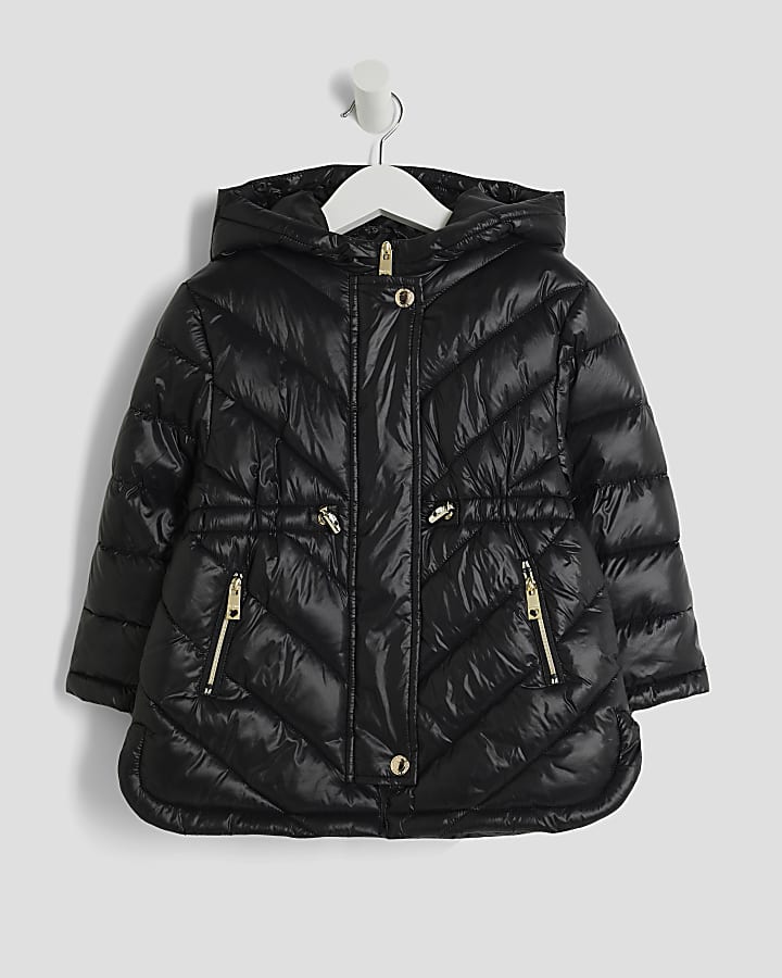 Mini Girls Black Hooded Padded Jacket