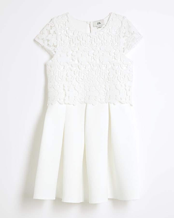 Girls White Lace Scuba Skater Dress