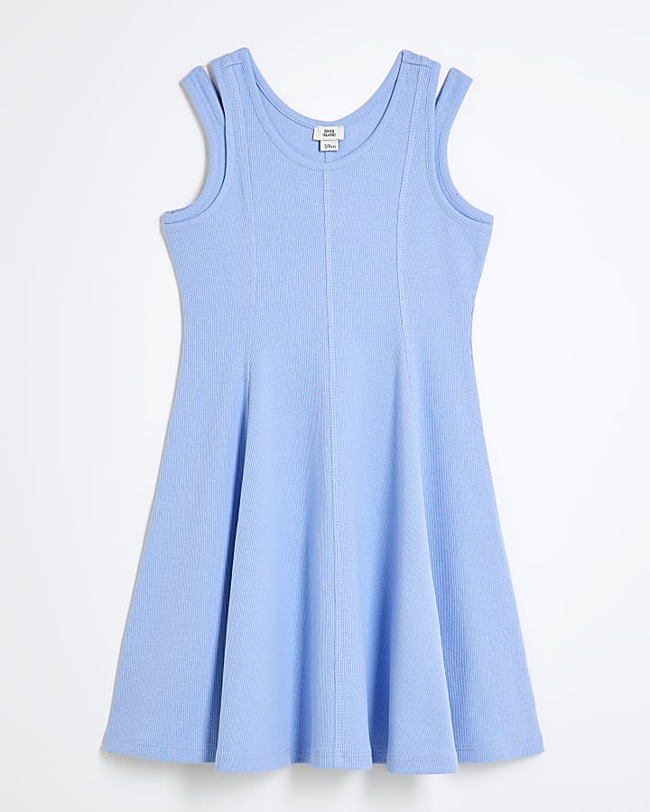 Girls Blue Double Strap Ribbed Skater Dress