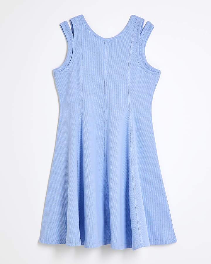 Girls Blue Double Strap Ribbed Skater Dress