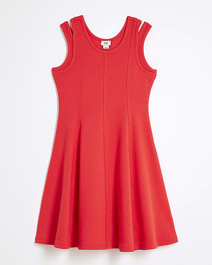 Girls Red Double Strap Ribbed Skater Dress