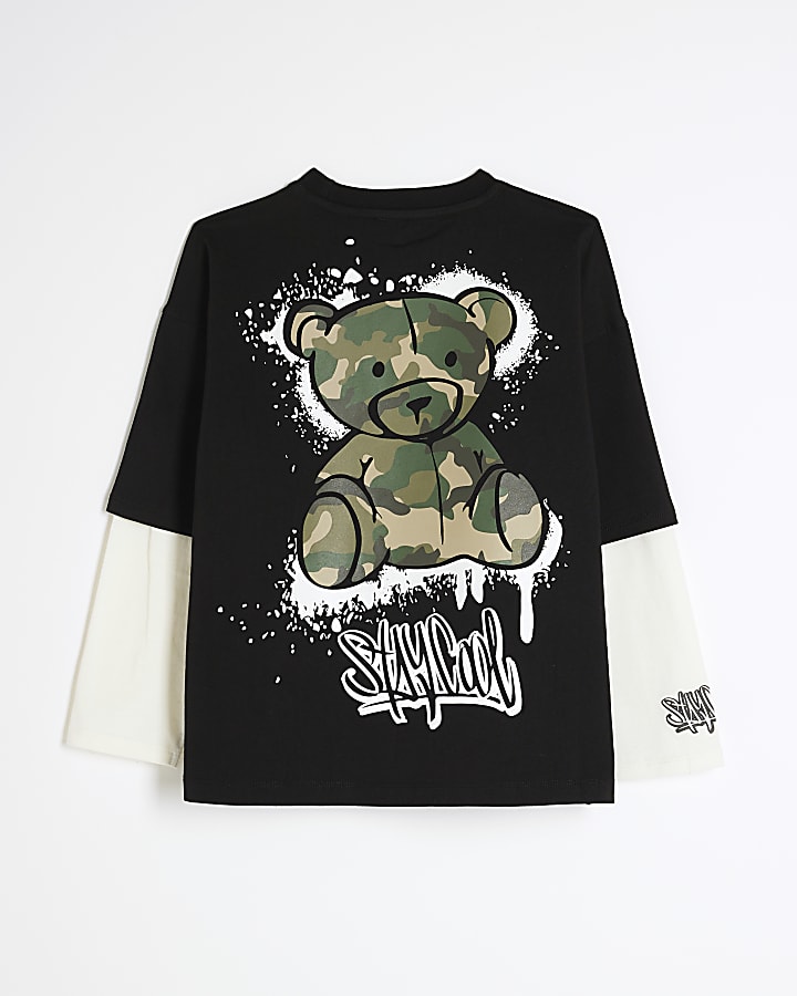 Boys Black Camo Bear Double Layer T-shirt