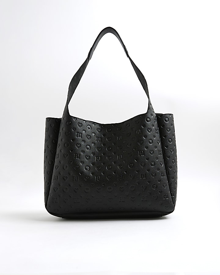 Girls Embossed Black Shopper Bag