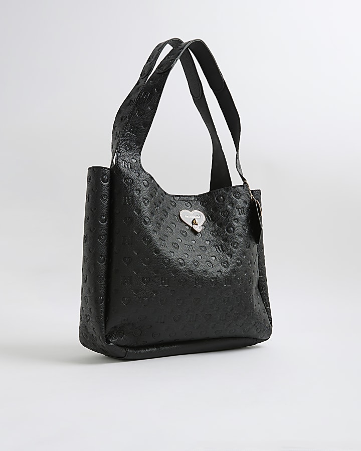 Girls Embossed Black Shopper Bag