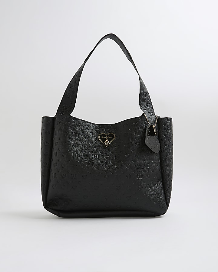 Girls Embossed Black Shopper Bag