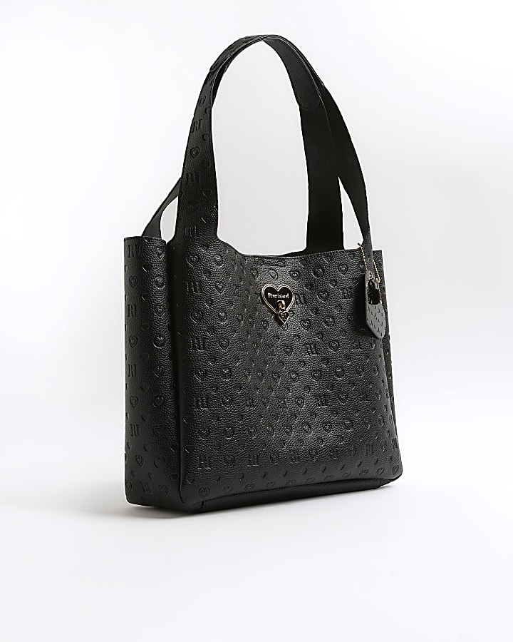 Girls Embossed Black Shopper Bag