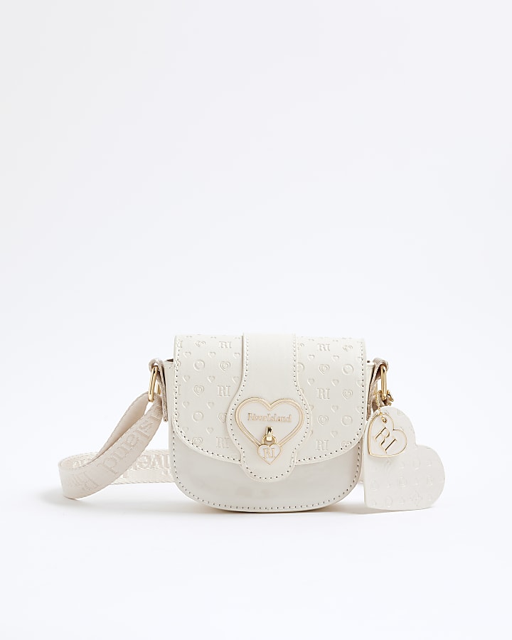Girls Cream Monogram Heartlock Cross Body Bag