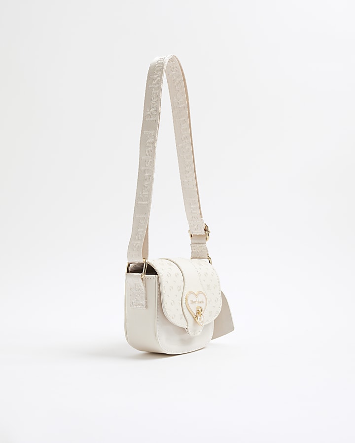 Girls Cream Monogram Heartlock Cross Body Bag