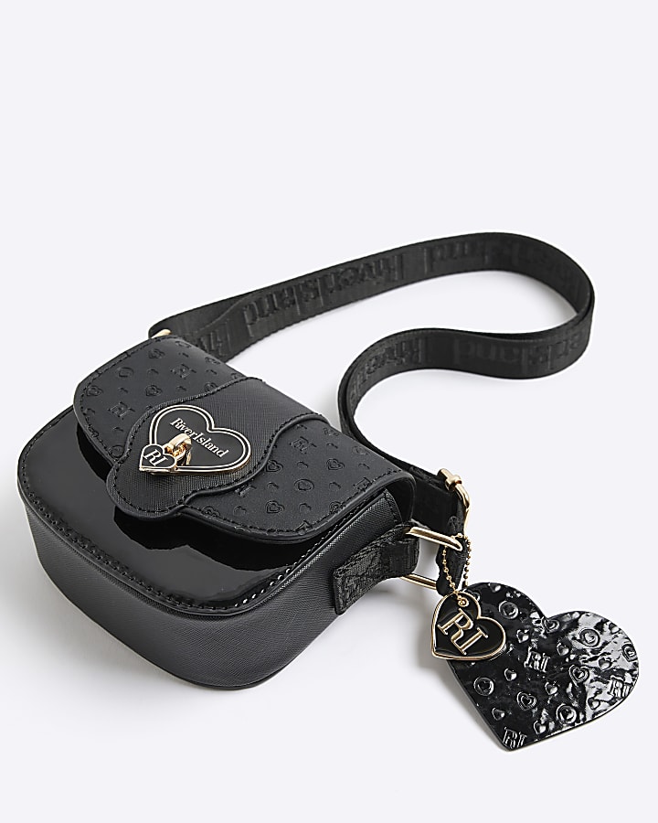 Girls Black Monogram Heartlock Cross Body Bag