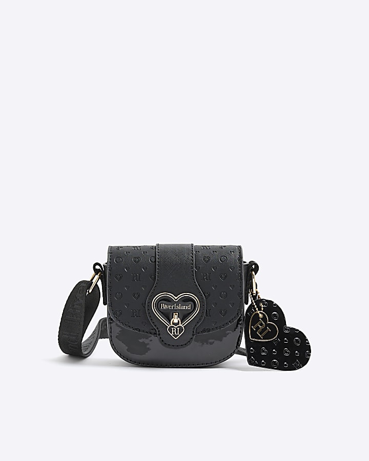 Girls Black Monogram Heartlock Cross Body Bag