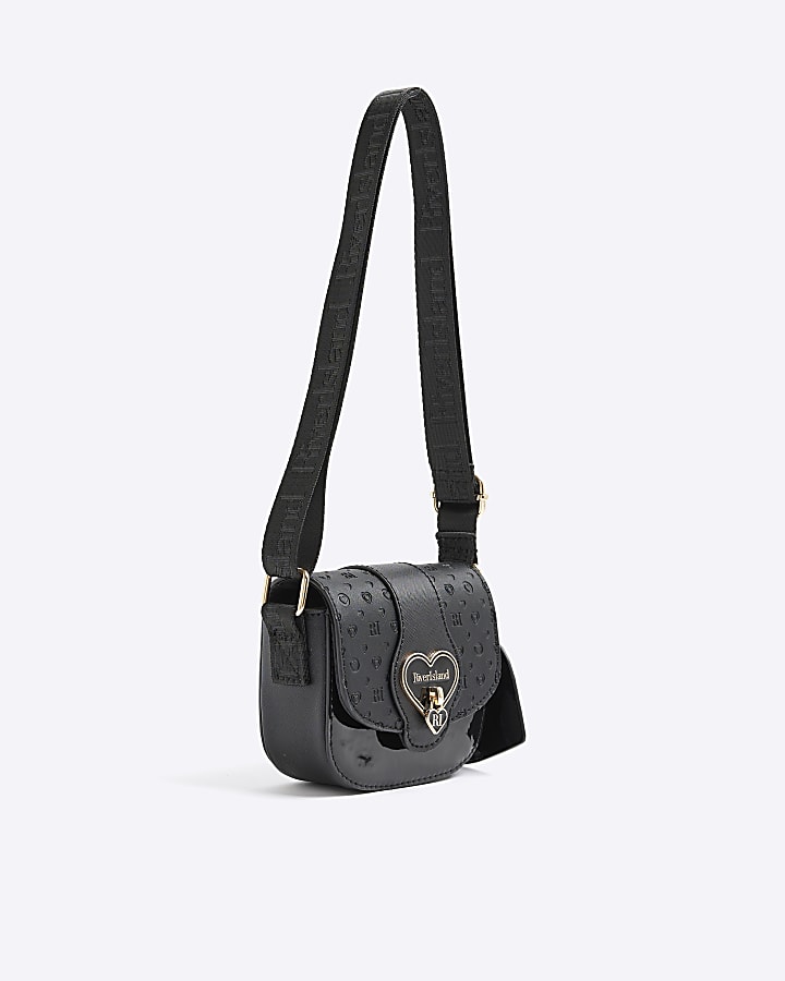 Girls Black Monogram Heartlock Cross Body Bag