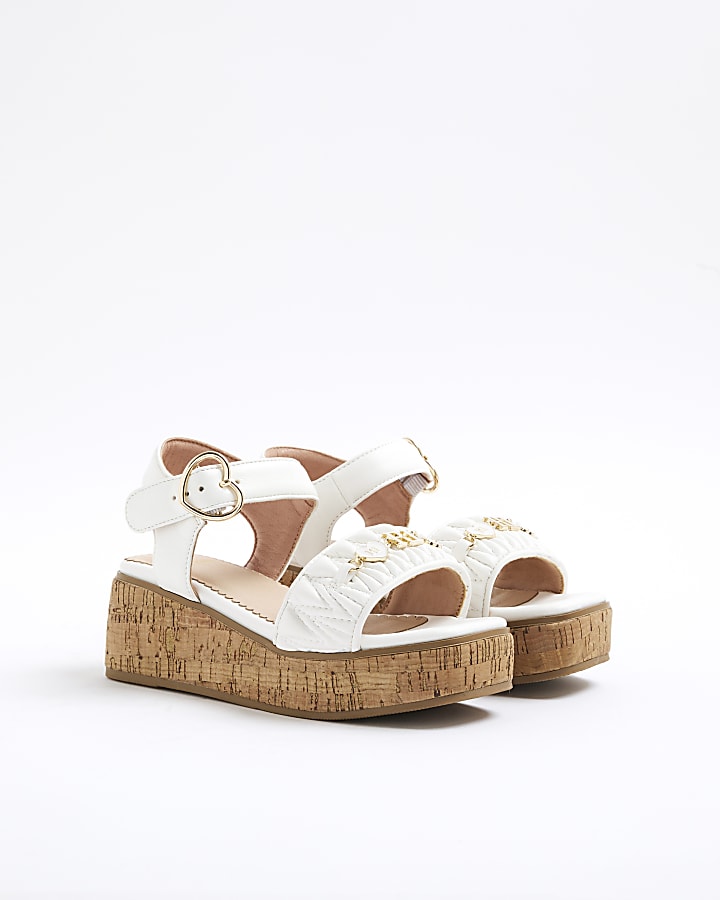 Girls White Chain Cork Wedge Sandals