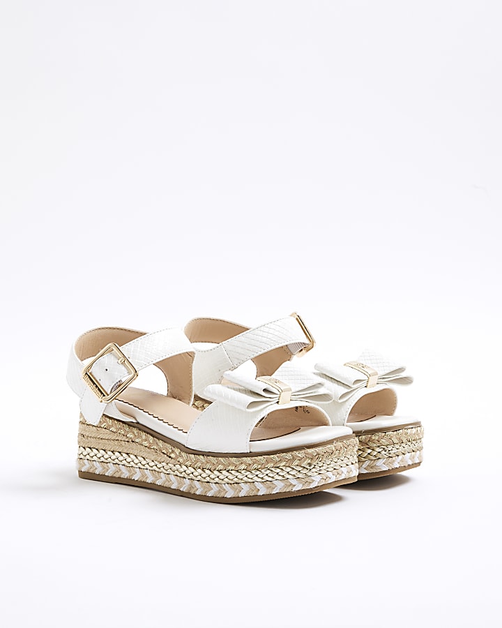 Girls White Bow Wedge Sandals