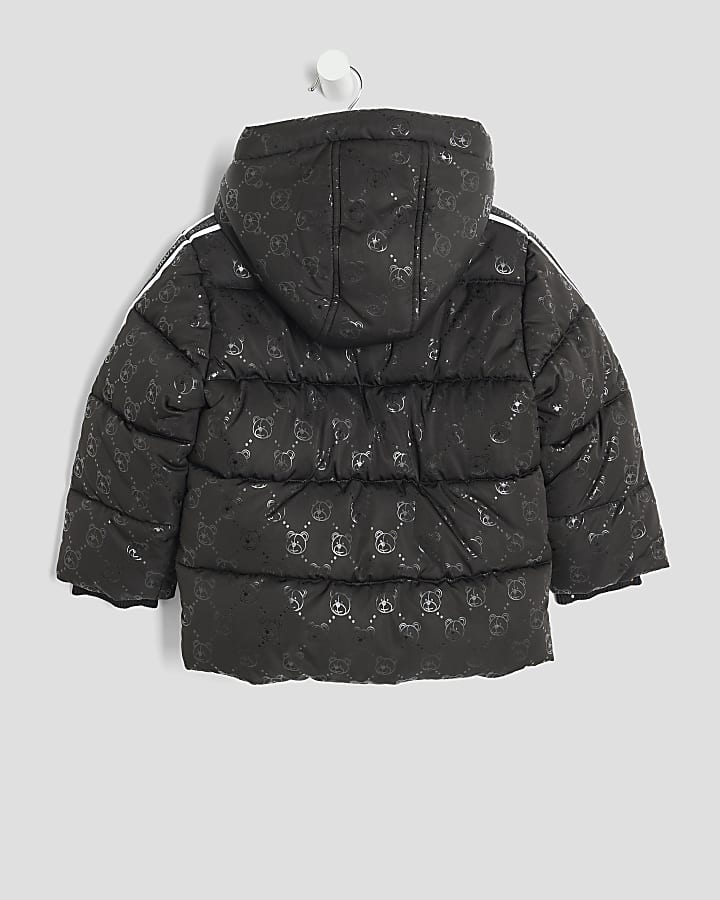 Mini Boys Black Bear Print Padded Coat