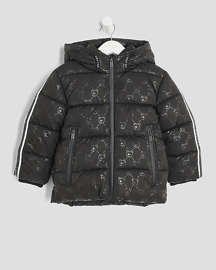 Mini Boys Black Bear Print Padded Coat