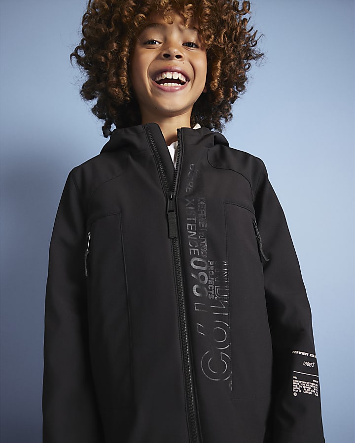 Mini Boys Black Hooded Printed Jacket