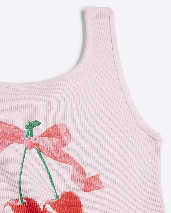 Girls Pink Cherry Bow Tank Top