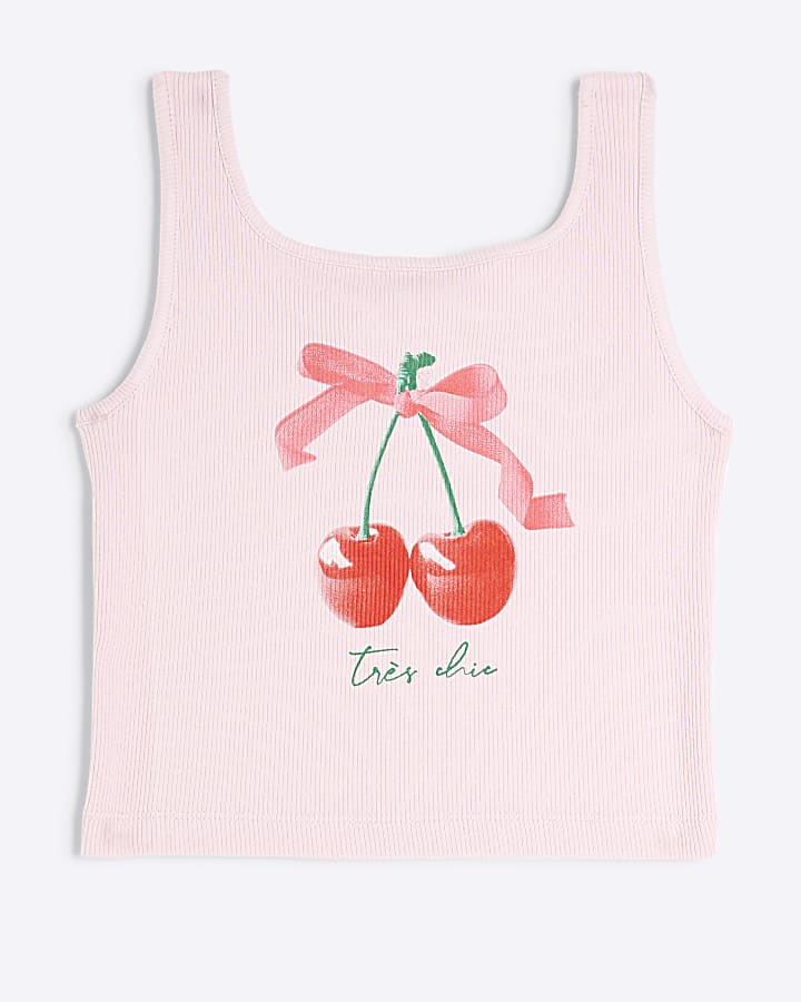 Girls Pink Cherry Bow Tank Top