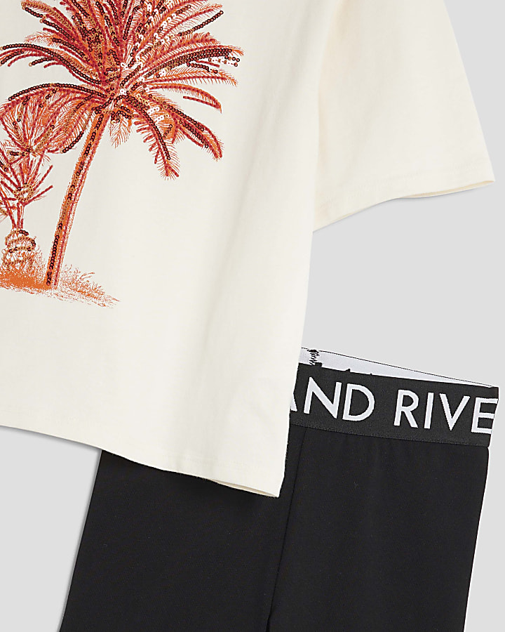 Girls Cream Palm Tree T-Shirt Set