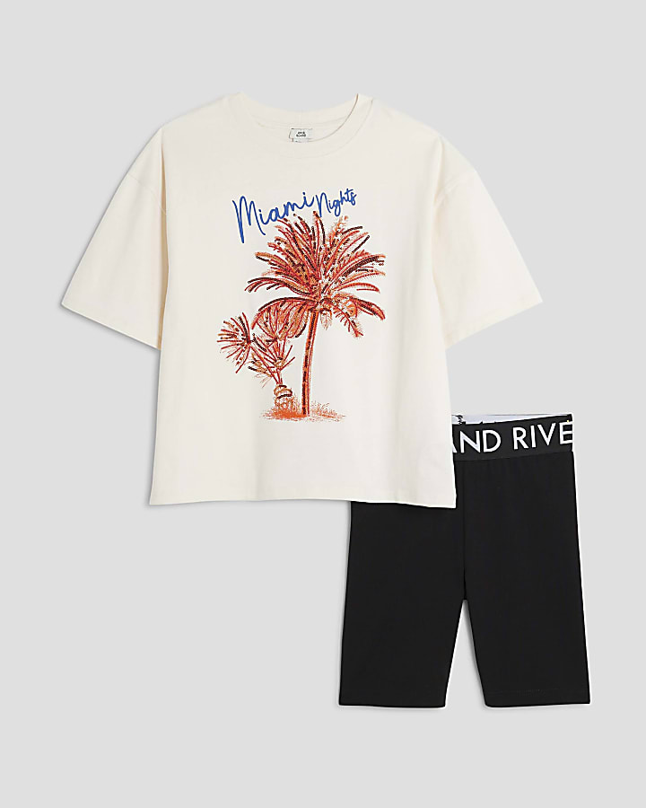 Girls Cream Palm Tree T-Shirt Set