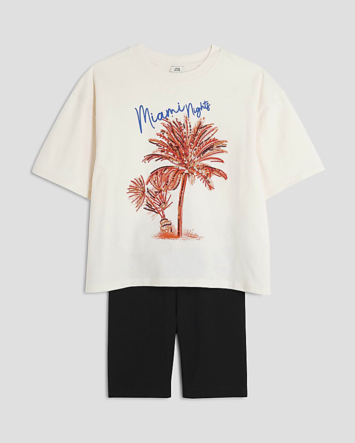 Girls Cream Palm Tree T-Shirt Set