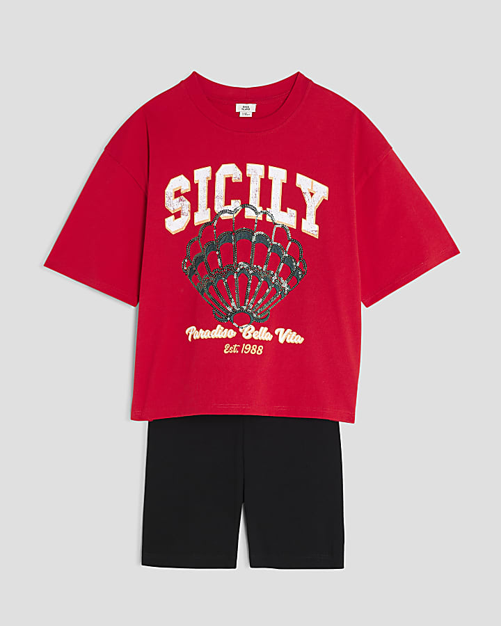 Girls Red Capri Shell Cycling Shorts Set