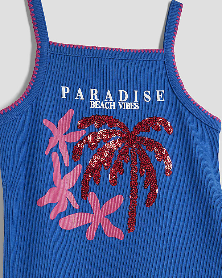 Girls Blue Sequin Palm Tree Tank Top Set