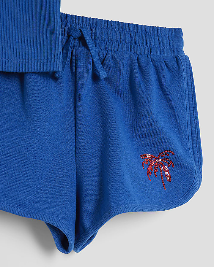 Girls Blue Sequin Palm Tree Tank Top Set