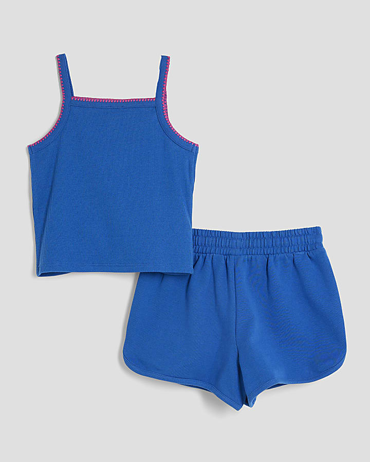 Girls Blue Sequin Palm Tree Tank Top Set