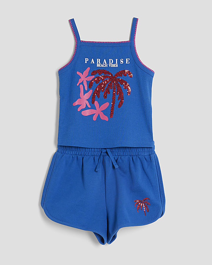 Girls Blue Sequin Palm Tree Tank Top Set