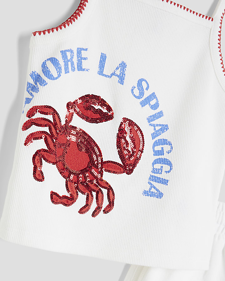 Girls White Sequin Crab Tank Top Set