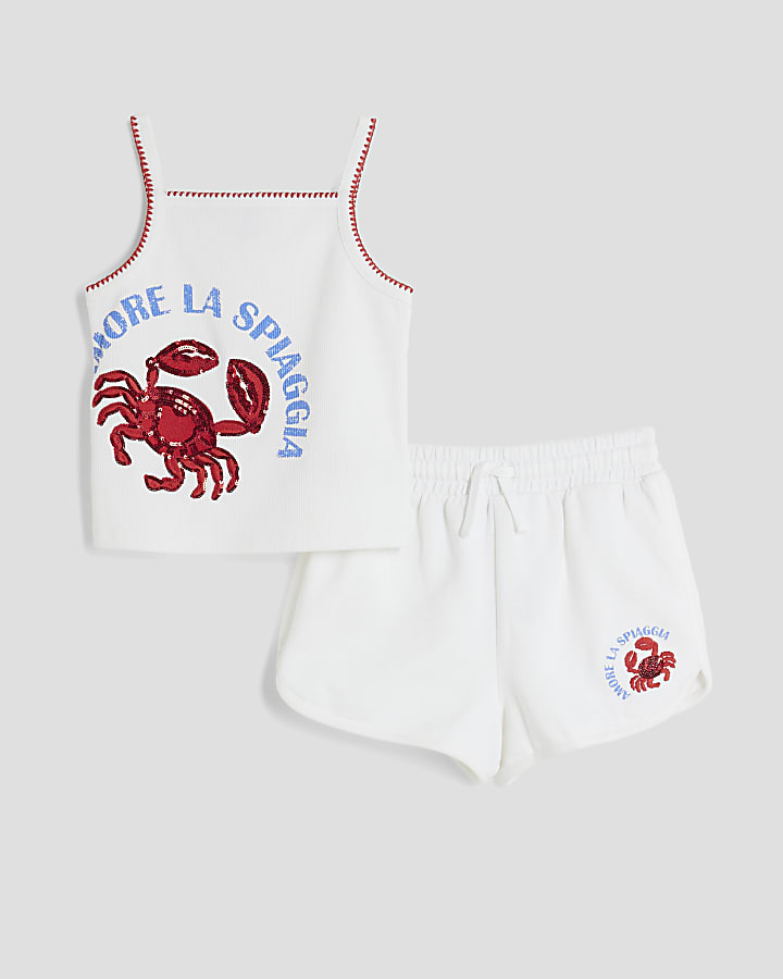 Girls White Sequin Crab Tank Top Set