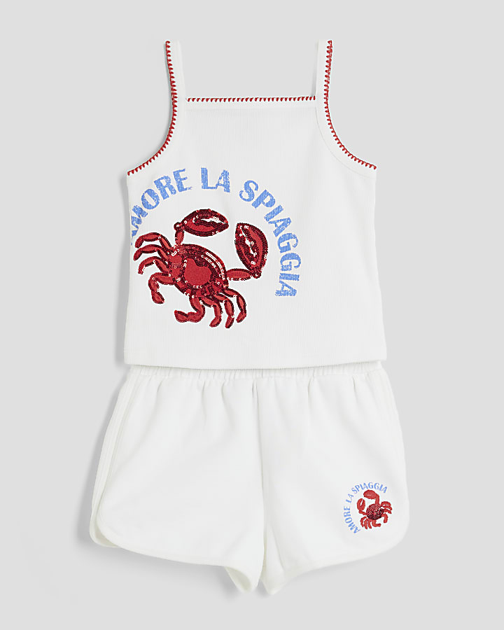 Girls White Sequin Crab Tank Top Set