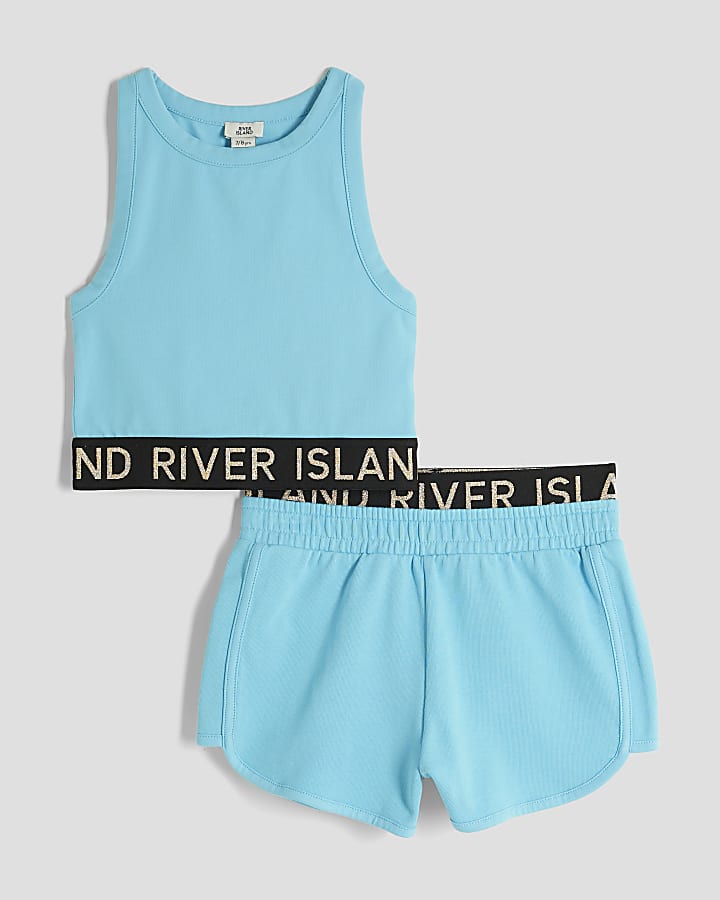 Girls Blue Glitter RI Waistband Tank Top Set