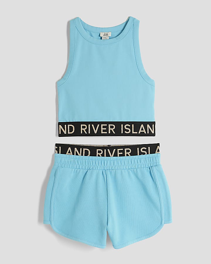 Girls Blue Glitter RI Waistband Tank Top Set