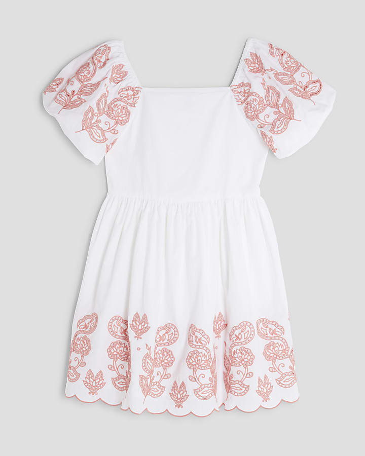 Girls White Cutwork Puff Sleeve Dress