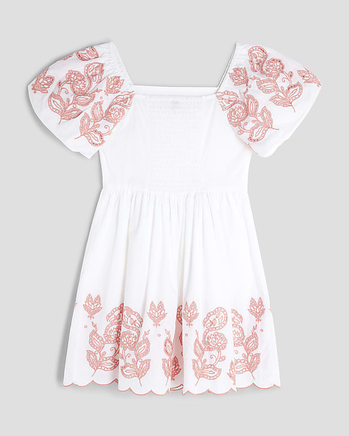 Girls White Cutwork Puff Sleeve Dress